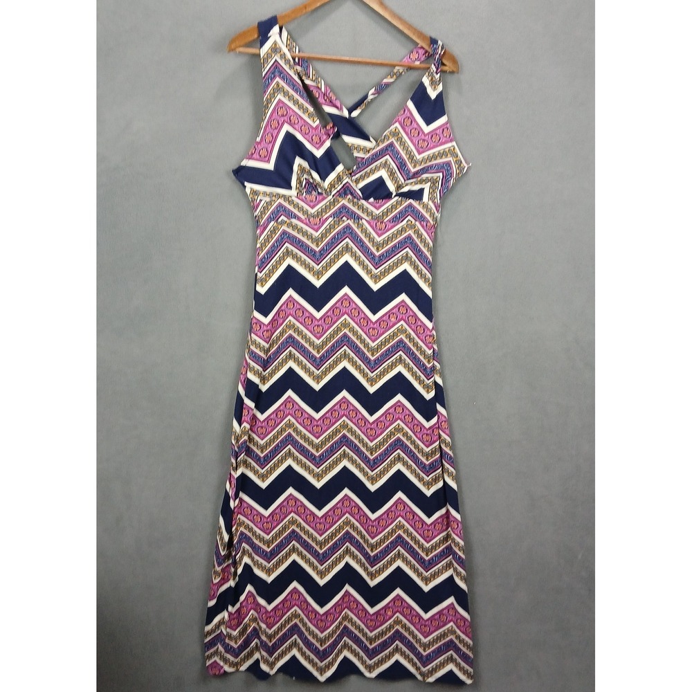 B Famous #USA Maxi Dress Womens Large Multicolor Chevron V Neck Criss Cross Back